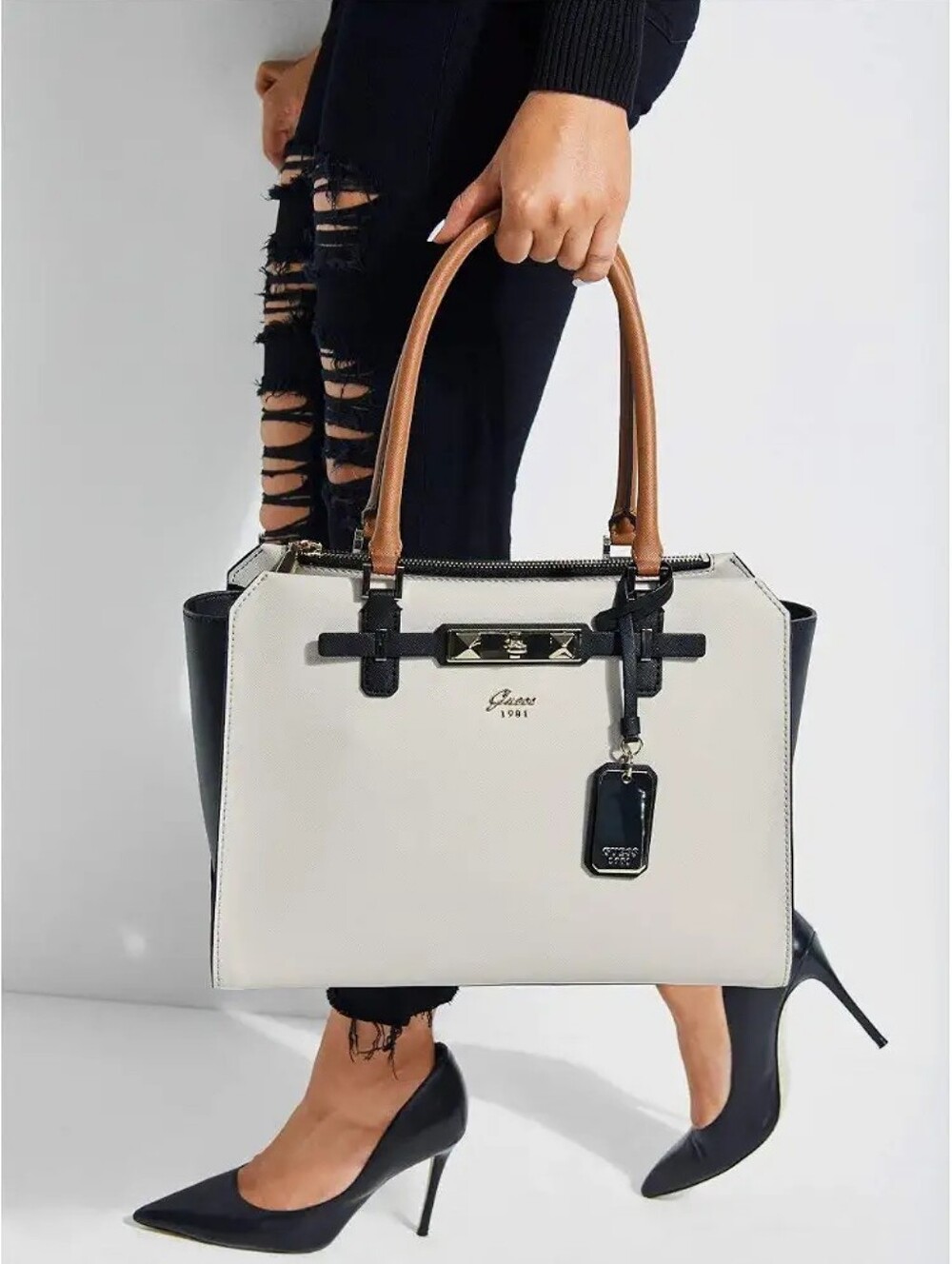GUESS Cherie Status Carryall Satchel Colorblock Black White - Picture 7 of 16